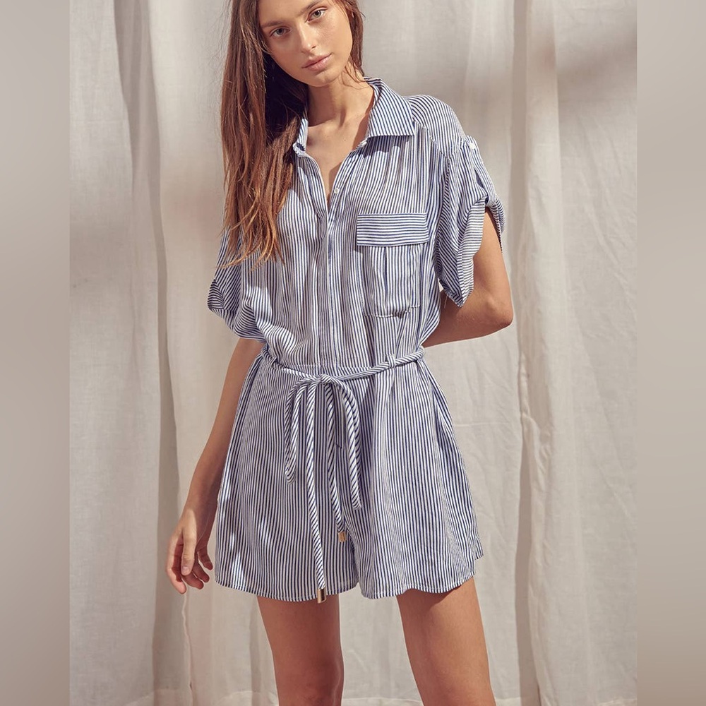 Storia Blue and White Striped collared romper shorts 2 for $20
